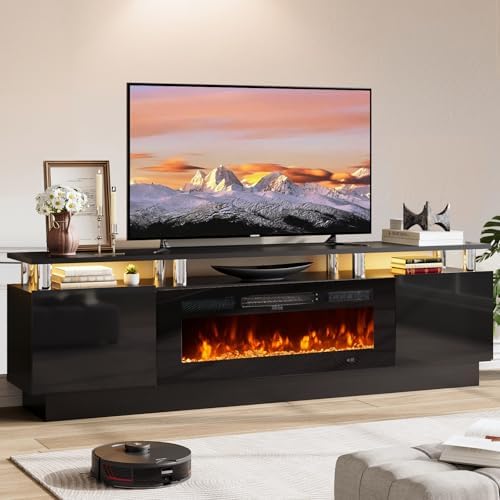 70" TV Stand for Living Room, Modern Entertainment Center & Media Console, Fits TVs up to 80", Storage Cabinet with Shelves, 36" Electric Fireplace with LED Flame (All Black) by Unknown