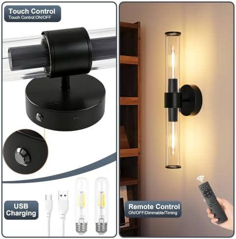 Morauroral Black Battery Operated Wall Sconces Set of 2, Rechargeable Wall Lights with Remote, 20 Inch Modern Wireless Wall Lamp for Bedroom, Living Room with Glass Shade (Bulbs Included) - Image 7