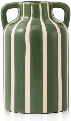Ceramic Vase with Handles, Modern Farmhouse Striped Decorative Vase, 9.1" Art Deco Tall Flower Vases for Pampas Grass, Shelf Decor, Dining Table Centerpiece, Living Room Home Decor (Sage Green) - Image 7