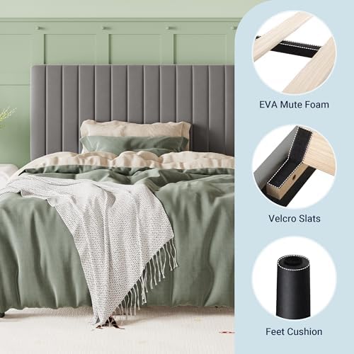 Allewie Twin Bed Frame, Velvet Upholstered Platform Bed with Adjustable Vertical Channel Tufted Headboard, Mattress Foundation with Strong Wooden Slats, Box Spring Optional, Easy Assembly, Grey - Image 7