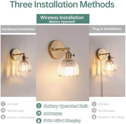 Shenmoyl Vintage Battery Operated Wall Sconce with Transparent Tulip Glass Lampshade Rechargeable Battery Powered Wall Light with Remote Control for Bedside Bedroom Doorway, Set of 2 - Image 3