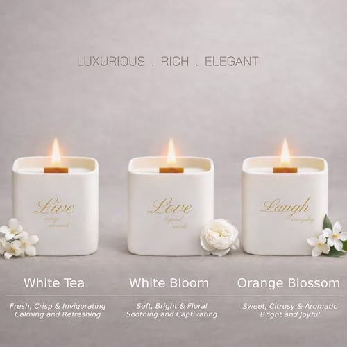 Set of 3 Premium Scented Soy Candles Gift Set | One Life Collection - Orange Blossom, White Tea & White Bloom | Crackling Wood Wick | Luxury Candle Set for Relaxation, Home Décor & Gifts | 9.8oz Each - Image 2