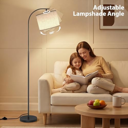 SIBRILLE Floor Lamp with Linen Shade, Arc Dimmable Tall Standing Lamp with Remote Control, Modern Floor Reading Light for Living Room Bedroom Office Corner, 9W LED Bulb Included - Image 5