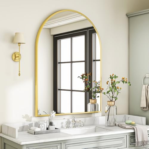 VooBang Arched Wall Mirror, 26 x 41 inch Arch Bathroom Mirror, Wall Mounted Vanity Mirror with Arch Metal Frame, Modern Bathroom Vanity Mirror for Bedroom, Living Room, Hanging or Leaning, Gold - Image 6