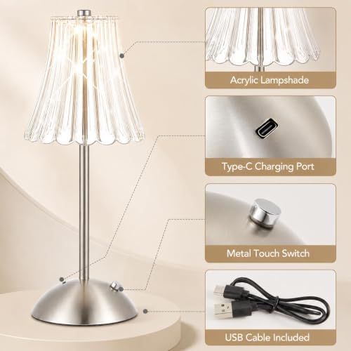4 Pcs Cordless Table Lamp Rechargeable Touch Lamp Silver Flower - Image 3