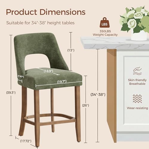 UVV Bar Stools Set of 4, Upholstered Counter Height Bar Stools, Modern Counter Stools with Wood Legs for Kitchen Island Dining Room Bar, Green - Image 2
