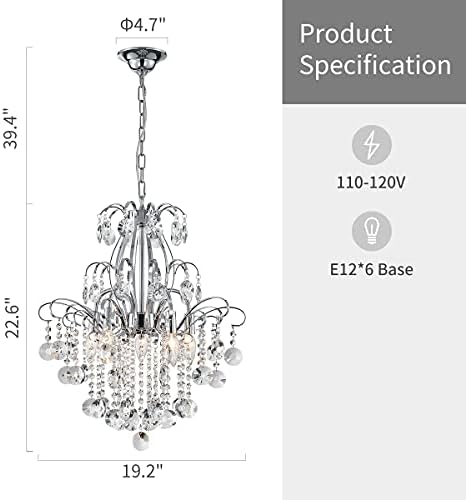 WUZUPS Crystal Chandelier 5-Light Pendant Ceiling Light Modern Lighting Fixture for Bedroom Hallway Bar Kitchen Bathroom, H 22.6'' x W 19.2'', E12 Base, Chrome - Image 2