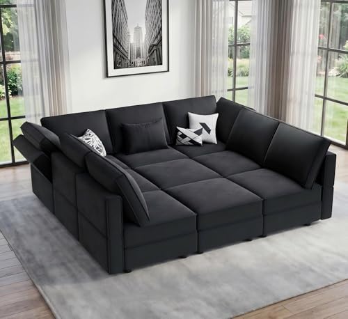 Vesgantti 92" 9 Seats Modular Sectional Sleeper Sofa with Storage, Black by Vesgantti