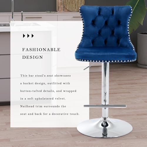 SoarFlash Velvet Bar Stool Set of 6, Adjustable Swivel Bar Stools with Silver Plated Metal Leg, Button Tufted, Footrest, Chrome Nailhead, Counter Height Chair for Kitchen, Bar, Dining Room (Blue) - Image 6