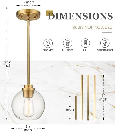 Pendant Lights Kitchen Island, Modern Gold Pendant Light with Clear Glass Globe Shade, Farmhouse Hanging Light Fixtures for Dining Room Entryway, AD-22280-1P-GD-C - Image 2