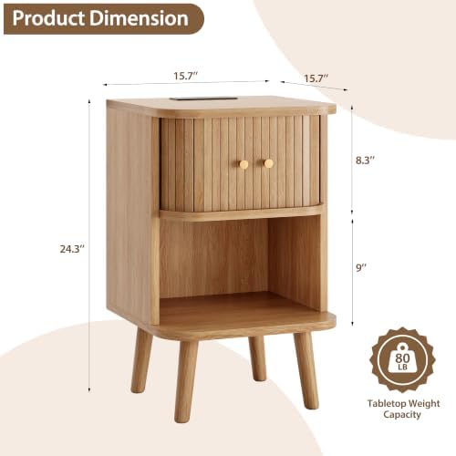 Decofy Fluted Nightstand with Charging Station & Sliding Door, Oak - Image 2
