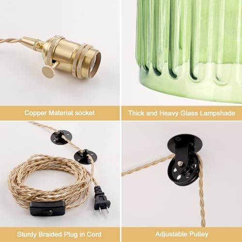 Shenmoyl Plug in Pendant Light Hanging Light Fixture Corded On/Off Switch Brass Pendant Light with Green Striped Glass Lampshade for Bedroom Living Room Kitchen Island - Image 6