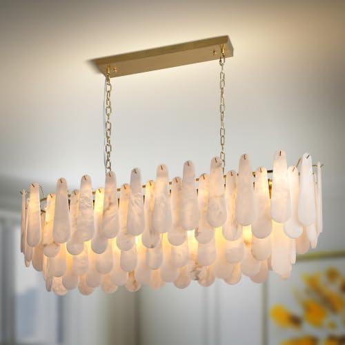 Chandeliers for Dining Room, L47.2 in Modern Alabaster Rectangle Brass Chandelier, 4-Tiers Luxury Natural Stone Ceiling Light Fixture, White Marble Chandeliers for Kitchen Island Living Room Bedroom by OSRoyce