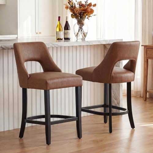 UVV Bar Stools Set of 4, Modern Upholstered Counter Height Bar Stools, Faux Leather Counter Stools BarStools with Wood Legs for Kitchen Island Dining Room Bar, Brown - Image 4