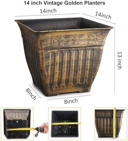 4-Pack 14 Inch Large Square Planters, Embossed Leaf Pattern, Antique Gold - Image 3