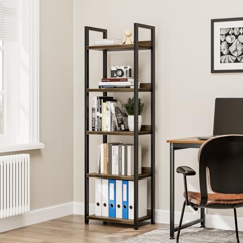 NUMENN Narrow Bookshelf, 5 Tier Freestanding Shelving Unit, Dark Walnut - Image 2