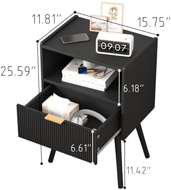 JOONEE Black Nightstand,Modern Bedside Table with Storage Drawer and Open Wood Shelf, for Living Room, Bedroom and Small Spaces, Accent Night Stand with Solid Wood Legs, Easy Assembly,Classic Black - Image 2