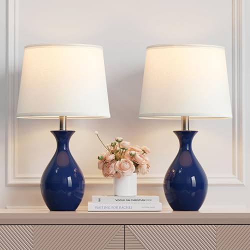 PARTPHONER Table Lamp Set of 2, Modern Ceramic Bedside Lamps for Night Stands, Classic Small Lamp Nightstand Lamp for Bedroom Living Room Desk End Table Rocker Navy Blue by PARTPHONER