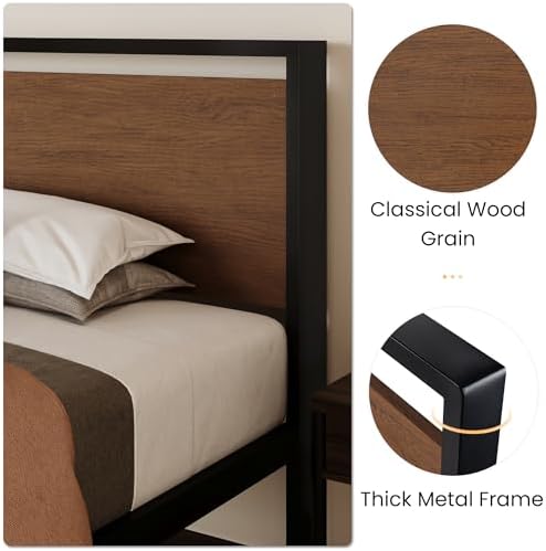 SHA CERLIN 14 Inch Twin Size Metal Platform Bed Frame with Wooden Headboard and Footboard, Mattress Foundation, No Box Spring Needed, Large Under Bed Storage, Heavy Duty Slats Support, Walnut - Image 5