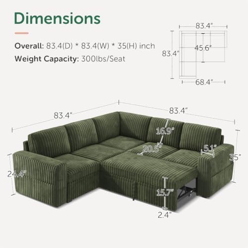 HONBAY Modular Sectional Sleeper Sofa with Pull Out Bed,Corduroy L Shaped Couch with Storage, Sectional Couches for Living Room,Green - Image 2