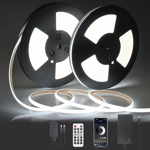 Outdoor COB LED Lights Strip Waterproof 24V 65.6FT 6000K Daylight White Dimmable Flexible COB LED Tape Light with Remote Bluetooth 320LED/M Super Bright Adhesive for Cabinet Courtyard (20M/2roll) by Samsion