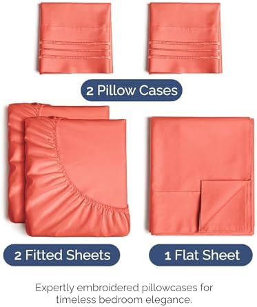 Split King Size 5 Piece Sheet Set - Breathable & Cooling Sheets - Coral - Image 2
