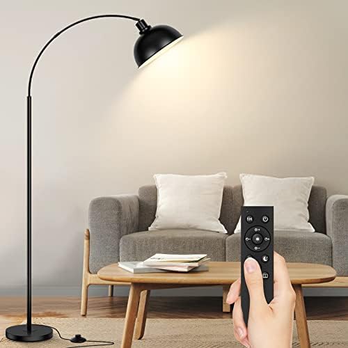 Arc Floor Lamps for Living Room, Modern Tall Standing Lamp Remote Control,Stepless Dimmable Black Floor Lamp with Hanging Dome Shade, Over Couch Arched Reading Lamp for Bedroom (Bulb Included) by gernehop