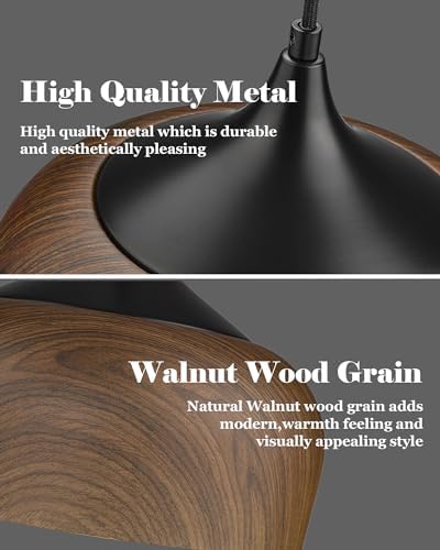 ELYONA Modern Bauhaus Pendant Light Walnut Wooden Pattern Dome Pendant Light Fixture Matte Black Metal Gold Inner Adjustable Hanging Lighting for Kitchen Island Dining Room Office Hallway Bedroom - Image 3