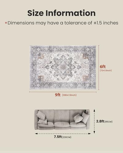Amada 6x9 Washable Area Rug for Dining Room, Taupe, Boho Vintage Pattern - Image 2