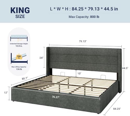Allewie King Size Lift Up Hydraulic Storage Bed Frame Dark Grey - Image 2