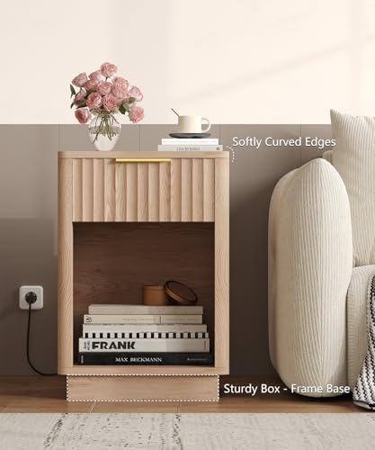 Akxomel Fluted Nightstand Bedside Table with Charging Station Oak - Image 4