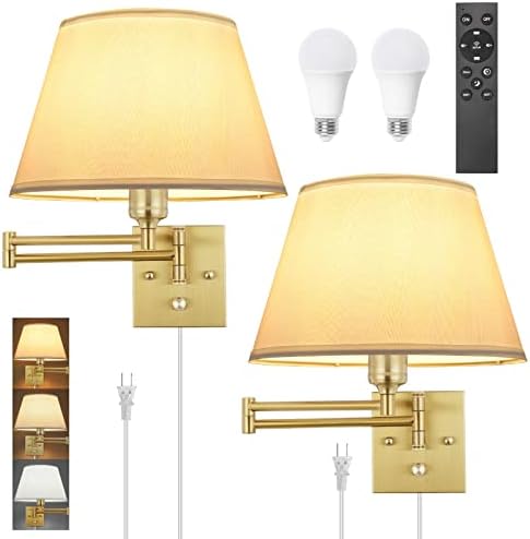TRLIFE Remote Control Dimmable Wall Sconce, Adjustable Color Temperature 2700K-6500K Brushed Brass Swing Arm Wall Lights with Plug in Cord, 11.8" Large White Shade(2 Pack, 2 Bulbs) by TRLIFE