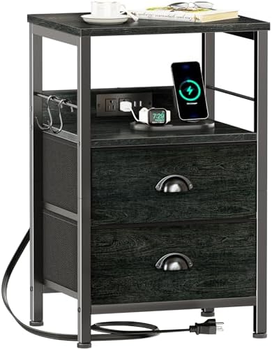 Nightstand with Charging Station for Bedroom, 2 Fabric Drawers, Black Oak by Furologee