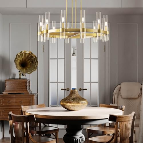 Knurldon12 Light Brass Round Chandelier 36" Wagon Wheel Chandeliers for Dining Room Light Fixture Clear Glass Tube Chandelier Modern Farmhouse Chandeliers for LivingRoom Foyer, Bulb Included - Image 4
