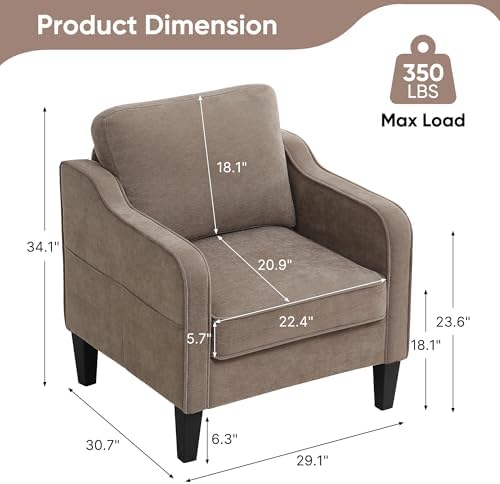 Accent Chairs Set of 2, Upholstered Living Room Chair with Side Pockets, Mid Century Modern Reading Chair for Bedroom, Comfy Armchair Single Sofa Side Chair for Office, Small Room, Brown - Image 2