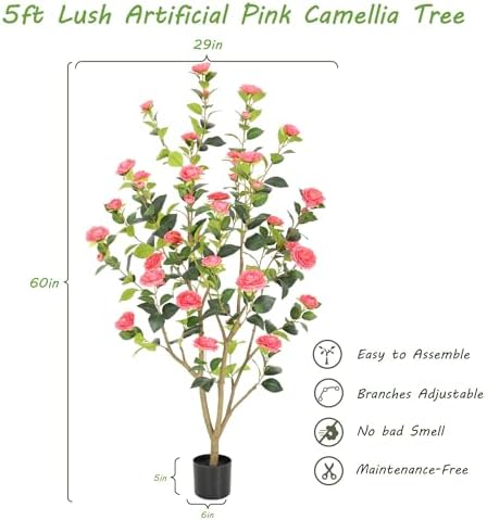 Nafresh 5FT Lush Artificial Pink Camellia Tree Outdoor 2 Pack, 60inch Faux Camellia Plant, Fake Camellia Flowers Tree for Indoor Outdoor Living Room Home Patio Front Door Garden Decor - Image 5
