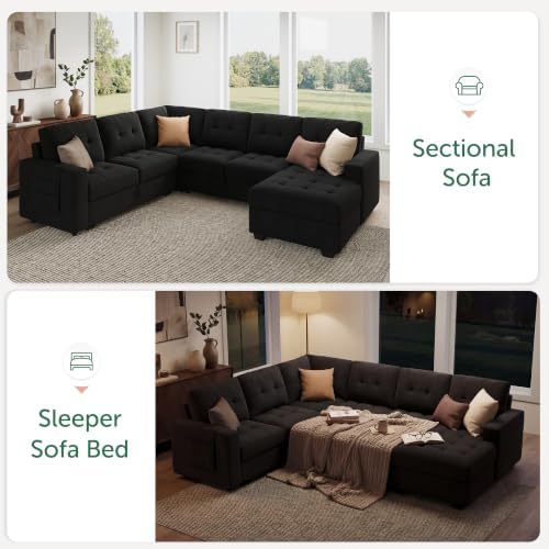 HONBAY Modular Sectional Sleeper Sofa with Pull Out Bed, U Shaped Sleeper Couches with Storage Chaise, 114'' Sleeper Sectional Sofas for Living Room, Apartment (Velvet Black) - Image 6
