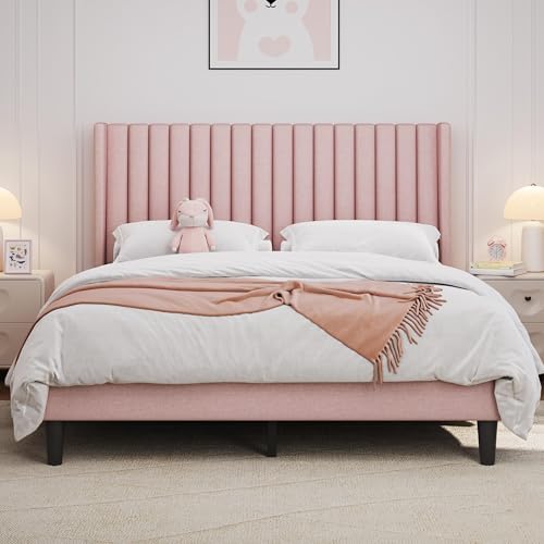 Yaheetech Queen Bed Frame with Headboard,Pink Channel-Tufted Platform by Yaheetech