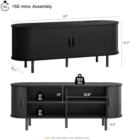 ONBRILL 63" TV Stand with Power Outlet & Storage for TVs up to 70", Black - Image 2