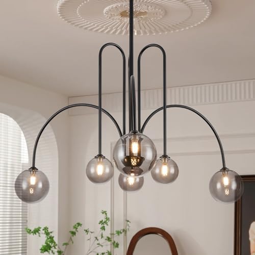 CATINER Modern 40" 6-Light Black Sputnik Chandelier with Smoke Glass Globe by CATINER