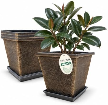 Usocik 10 Inch Square Planter Pots with Saucers, Brushed Gold, 4 Pack by Usocik