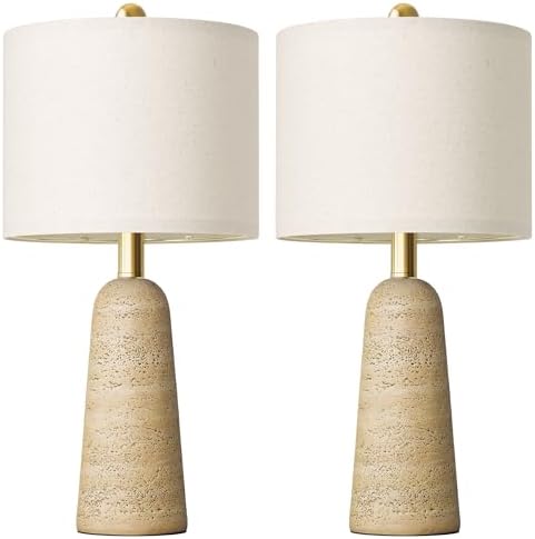 BOBOMOMO 21" Modern Table Lamps Set of 2, Warm Beige Resin Lamp with Stone Look, Small Bedside Lamps for Bedroom, Cozy Nursery Lamps with Linen Shades, Nightstand Lamp for Small Spaces, Entryway by BOBOMOMO