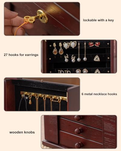 Changsuo Wooden Jewelry Box for Women, Organizer Box of Solid Wood with Lock and Key for Jewelries, Watches, Necklace, Ring, Lockable Storage Case (Burgundy) - Image 5