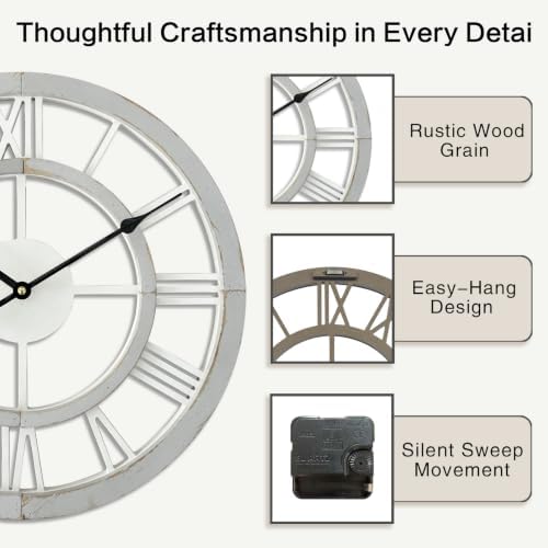 16 Inch Rustic Wall Clock Silent Non-Ticking Wooden Wall Clocks with Roman Numerals Farmhouse Decorative Clock for Living Room Bedroom Office (Grey) - Image 4