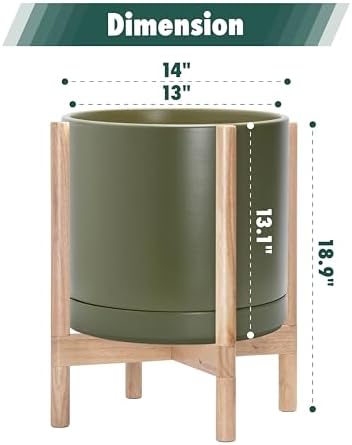D'vine Dev Ceramic Pot with Natural Wood Stand, Olive, 14 in, 55-B-R-J - Image 3