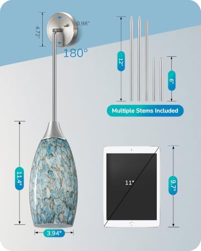 EDISHINE Pendant Light Kitchen Island Blue Glass Brushed Nickel Rod - Image 4