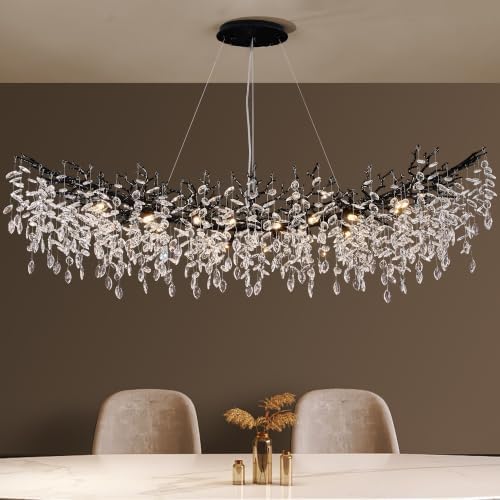 Modern Crystal Chandelier for Dining Room, 16-Light 55.12" Black Tree Branch Chandeliers, Luxury K9 Crystal Rectangular Chandeliers for Kitchen Island Living Room by witkey