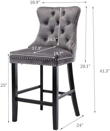 SoarFlash Modern Velvet Upholstered Bar Stools Set of 4 with Wood Legs, Button Tufted,Chrome Nailhead, Counterstool Seat, Armless Bar Chairs (Gray) - Image 2