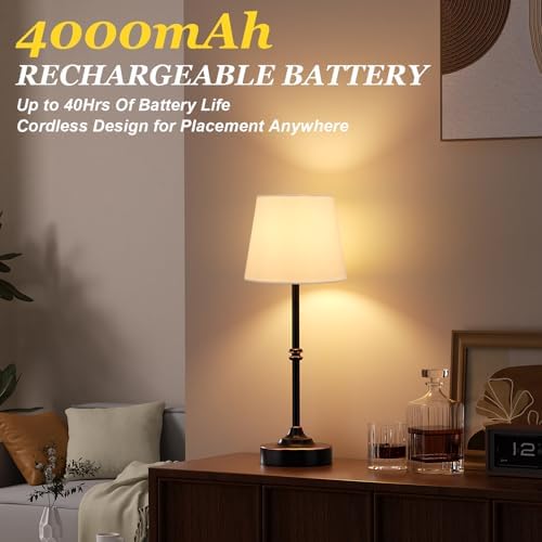 Kakanuo Rechargeable Cordless Table Lamp Antique Black - 1 Pack 4000mAh Battery Operated Lamp, 3000K Warm Light, Touch Control Stepless Dimming, for Bedside, Dining Table, Home Decor - Image 4