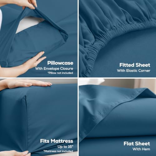 California King Sheets Set, 4 Pieces 16" Deep Pocket Bed Sheets, Dusk Blue - Image 3